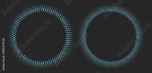 Blue halftone frames, retro circle borders, round pattern with dots, radial disco luxury design element. Vector illustration.