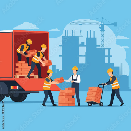Construction workers load bricks from a truck, preparing for a new building project with a crane in the background, vector illustration.