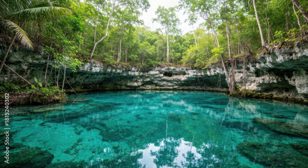 Naklejka premium Turquoise water pool in a jungle setting, framed by lush green trees