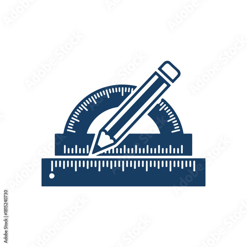 A simple outline icon illustration of a pencil, protractor and ruler. Represents stationery tools for drawing, measuring, and drafting. This graphic is suitable for educational content, design project