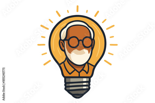 Illustration of a cartoon psychologist with white hair and beard, wearing round glasses, enclosed within a glowing lightbulb. Symbolizes innovative ideas and solutions in mental health, therapy