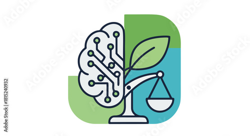 A modern and minimalist line art illustration depicting a brain connected to circuit board on one side and a tree on the other, balanced on a weighing scale. Represents harmony, balance, technology
