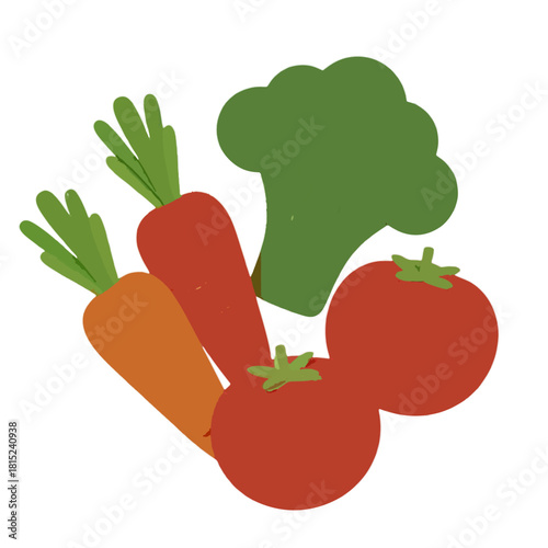 A colorful hand drawn illustration of a pile of fresh vegetables including carrots, tomatoes, and broccoli, ideal for promoting healthy eating and nutrition.	
