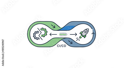 Illustrated continuous integration and continuous delivery workflow diagram showing the loop of process from source code to deployment with icons. Perfect for technology, software engineering