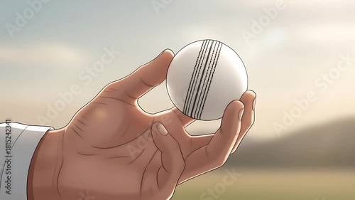 A white cricket ball in hand animated.