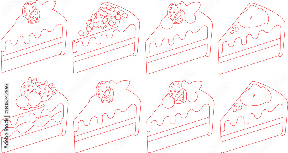 Fototapeta premium Outlined Cake Slices Strawberry Toppings, Crumble Topping, and Cream Topping Desserts, Red Outline