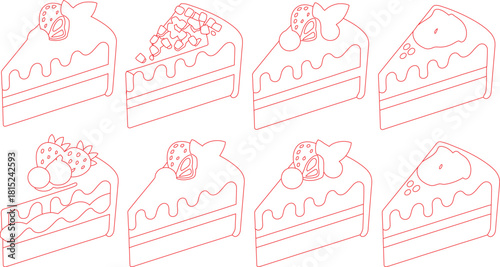 Outlined Cake Slices Strawberry Toppings, Crumble Topping, and Cream Topping Desserts, Red Outline