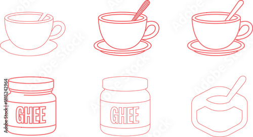 Outlined Graphics Tea Cups with Spoons and Jars of Ghee, Red on White