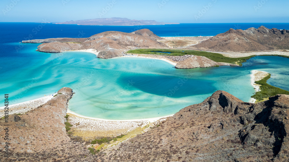 Fototapeta premium Aerial view of Balandra beach in La Paz, Baja California Sur, Mexico photo of panoramic landscape background 