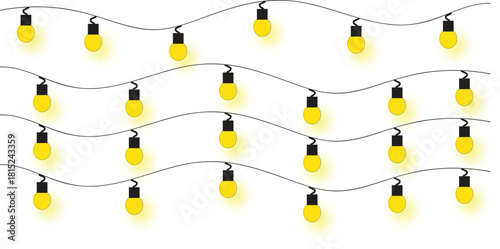 Twinkling fairy lights glow in soft amber. Golden garland loops around festive corner. Warm bulbs dangle on celebration wire. Holiday sparkle brightens the dark scene.