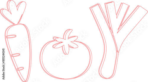 Outlined Red Vegetables Cartoon Carrot, Tomato, and Leek Illustration on White Background