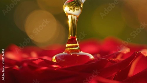 Golden Serum Dropping Onto Vibrant Red Rose Petals Creating Luxurious Skincare B-Roll With Soft Bokeh Background