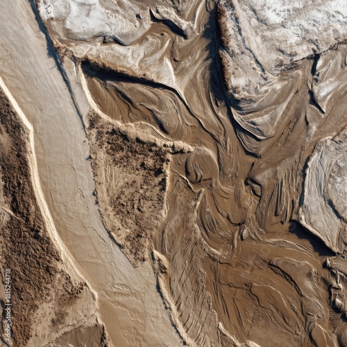 Aerial view of dynamic river patterns creating stunning textures in sandy soil surrounded by vegetation during sunny weather