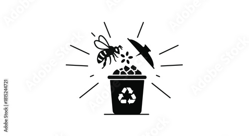 Wasp attracted to overflowing trash can with recycling symbol, outdoor waste management concept