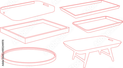 Outlined Serving Trays and Table Minimalist Red Line Illustration on White Background