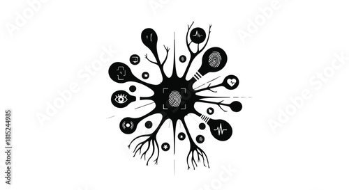 Abstract representation of a neuron with various symbolic connections and ideas branching out.