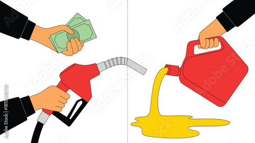 Paying for Fuel Hand Holding Money at Gas Pump and Fuel Can Pouring Gasoline