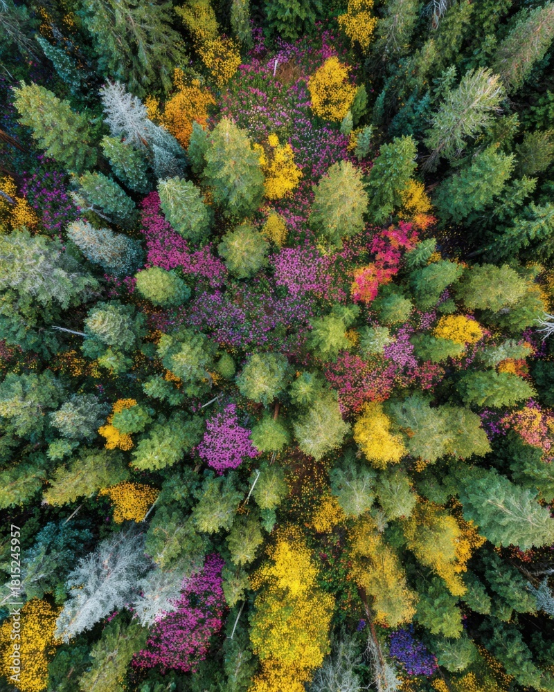 Fototapeta premium Vibrant Aerial View of Autumn Forest with Colorful Foliage and Diverse Tree Canopy in Nature's Palette