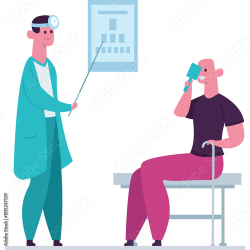 Optometrist Examines Patient Vision With Eye Chart Doctor In Teal Coat And Patient In Pink Pants Sitting With Cane Looking At Chart During Eye Test