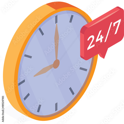Orange and light blue analog clock showing 24 7 service with red speech bubble icon and white background