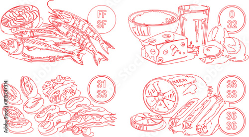 Red Line Art Featuring Fresh Salmon, Shrimp, Cheese, Nuts, and Various Foodstuffs on White