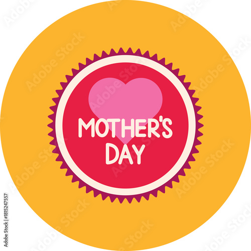 Mothers Day Emblem with Pink Heart and Jagged Edge Border on Yellow Circular Background Vector Graphic