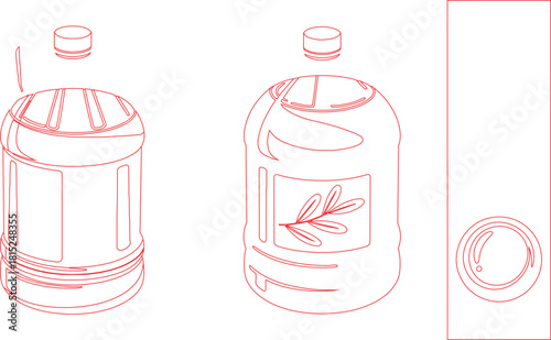 Red Line Art Two Plastic Bottles with Caps, One Olive Branch Label, One Bottle Top View