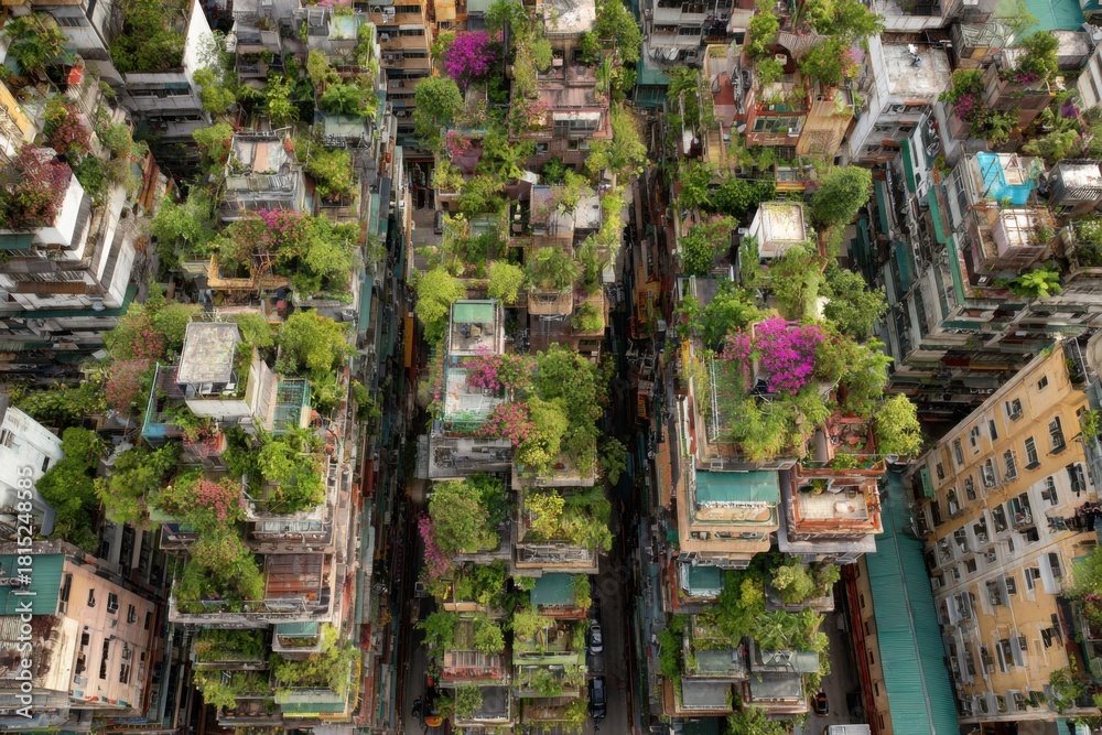 Fototapeta premium Aerial View of Urban Jungle with Buildings Covered in Lush Greenery and Vibrant Flowers in a Dense Cityscape