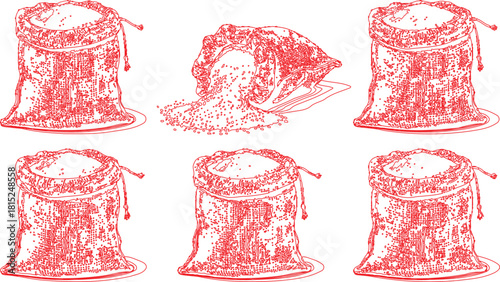 Red Line Drawing of Six Sacks, One Open and Spilling Contents, on White Background