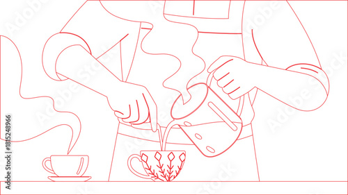 Red Line Drawing Person Pouring Steaming Liquid from Carafe into Decorated Mug, with Second Cup Nearby