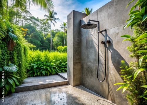 Minimalist Outdoor Shower: Grey Concrete, Black Metal, River Stones, Tropical Foliage