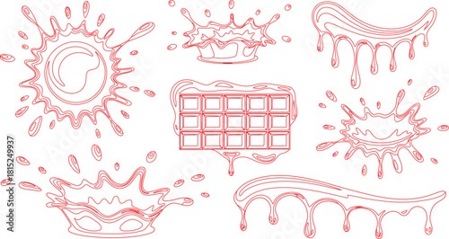 Red Outline Chocolate Bar, Liquid Splashes, and Dripping Elements on White Background
