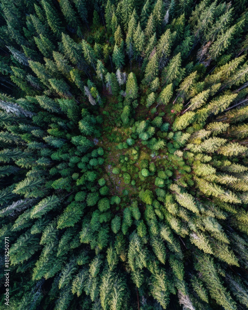 Obraz premium Lush Green Forest from Above with Dense Pine Trees and Vibrant Nature Surrounding a Clear Open Space