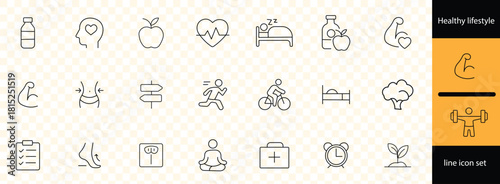 Healthy lifestyle set of web icons in line style. Fitness and sport icons for web and mobile app. Work and rest, physical activity, exercise, gym, sleep, body care and a diet. Editable.