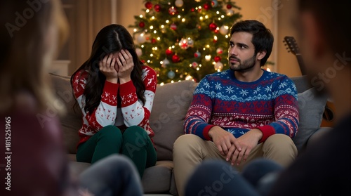 Young couple facing relationship problems and conflict during a Christmas holiday celebration with friends at home