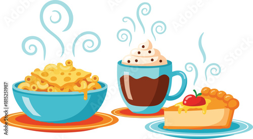 Pixel Art Macaroni Cheese Hot Chocolate And Pie With Cherry On Top Isolated On White
