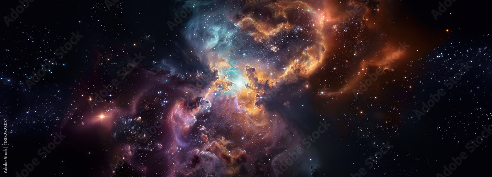 Fototapeta premium Celestial Tapestry: A mesmerizing view of the cosmos, with vibrant nebulae swirling with cosmic dust and celestial light, offering a glimpse into the depths of space.