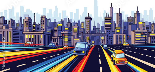 Pixel art city skyline with colorful light trails on highway at night with cars