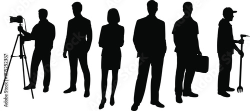 Silhouettes of diverse professionals standing in various poses, including cameraman technician businesswoman businessman worker and laborer figures for design and illustration use