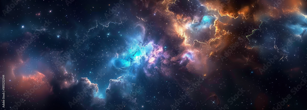 Naklejka premium Celestial Canvas: A breathtaking panorama of the cosmos unfolds, displaying vibrant nebulae, glittering stars, and swirling celestial formations, capturing the immensity of space. 