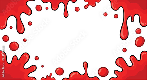 Red Liquid Splatter Border With Bubbles Isolated On White Background Pixel Art Style