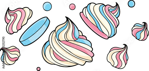 Swirl Meringue Kisses and Pillow Candy on White Background