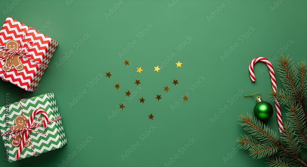 Obraz premium Festive Christmas banner composition with decorated gift boxes, fir branches, and holiday ornaments on a solid green background