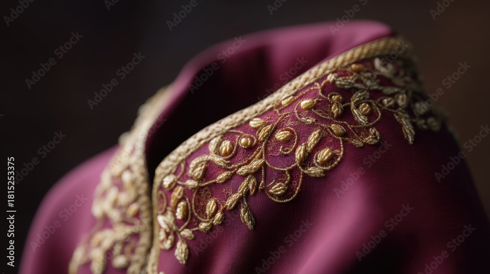 Obraz premium Elegant burgundy fabric with intricate golden embroidery showcasing exquisite craftsmanship and attention to detail in textile design and fashion art