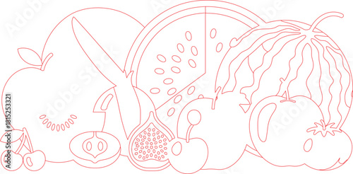Red Outline Drawing of Assorted Fruits Apple, Peach, Watermelon, Cherry, Fig and Tomato
