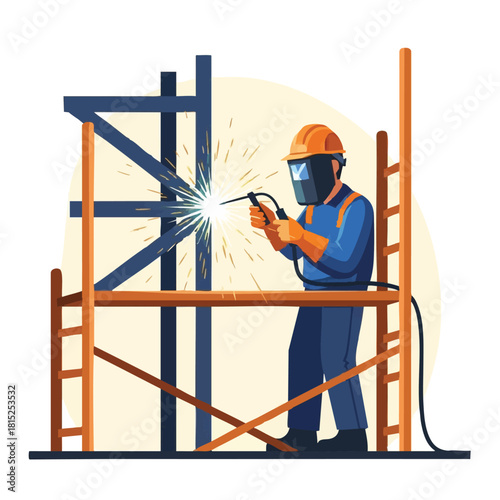 A skilled welder, wearing protective gear, meticulously works on a metal structure, creating sparks during the welding process, showcasing construction.