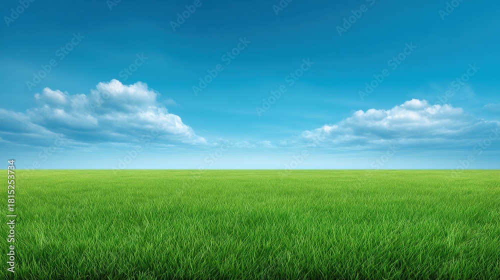 Obraz premium Lush Green Grass Field Under a Bright Blue Sky with Fluffy White Clouds and a Serene Atmosphere Perfect for Nature Themes and Landscape Photography