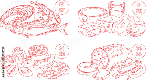 Red Outline Drawing of Healthy Foods Fish, Shrimp, Cheese, Nuts, Eggs, and Sausage
