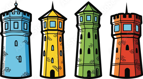 Four Cartoon Style Towers In Blue Yellow Green And Red Colors Against White Background