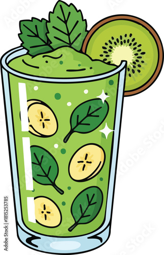 Healthy Green Smoothie with Kiwi and Banana Slices in a Clear Glass with Mint Leaves